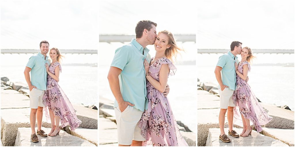 Collage of Val and Don standing on a rocky shore overlooking Bethany Beach during their engagement session.