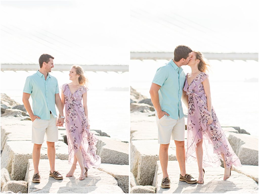 Collage of Val and Don holding hands and looking at each other and giving each other a kiss during their engagement session.
