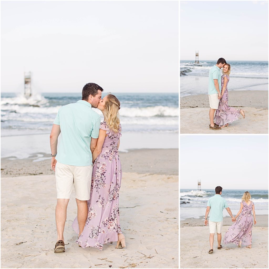 Collage of Val and Don kissing and walking on Bethany Beach while the waves crash in the background.