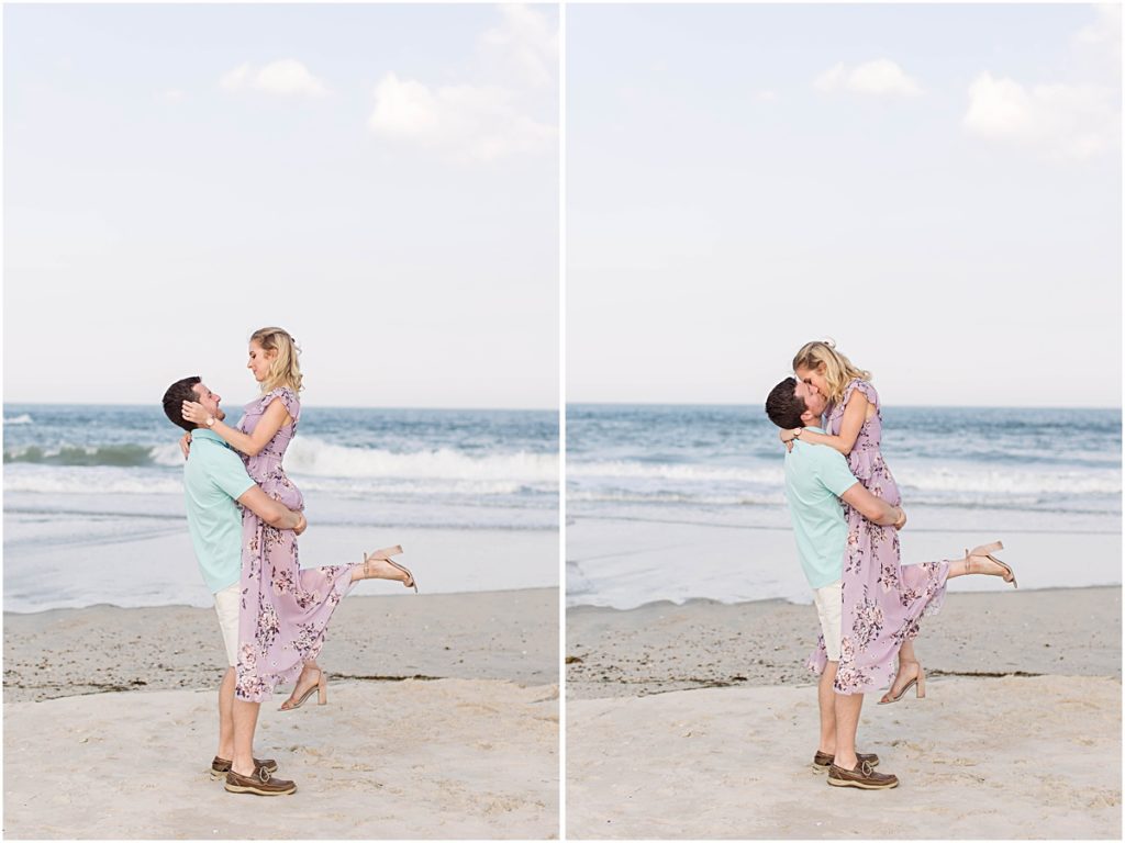 Collage of Don picking Val up and kissing her on a beach during their engagement session.