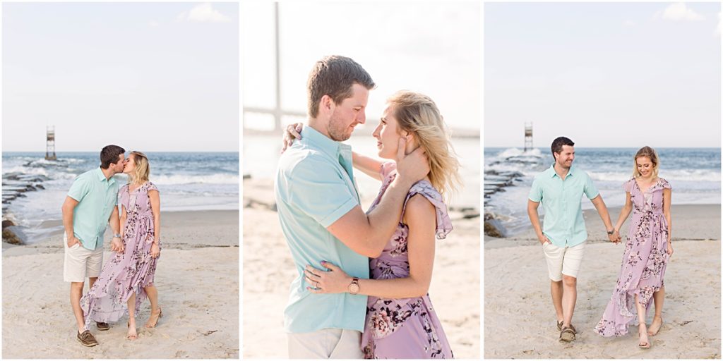 Collage of three photos - one is Val and Don kissing on Bethany beach, one is Don with his hand on the back of Val's neck as he gazes at her and the last is Val and Don walking hand in hand across the beach.