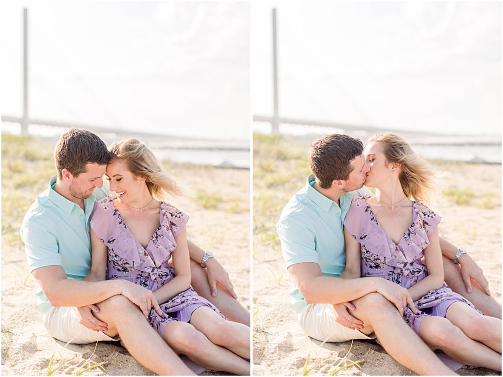 Collage of Val and Don sitting in the sand on Bethany Beach and kissing during their engagement session.
