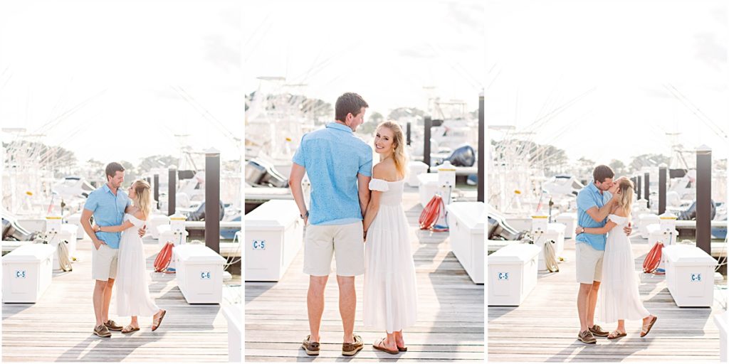 Collage of Val and Don smiling and kissing each other on the pier at Bethany beach during their beach engagement session.
