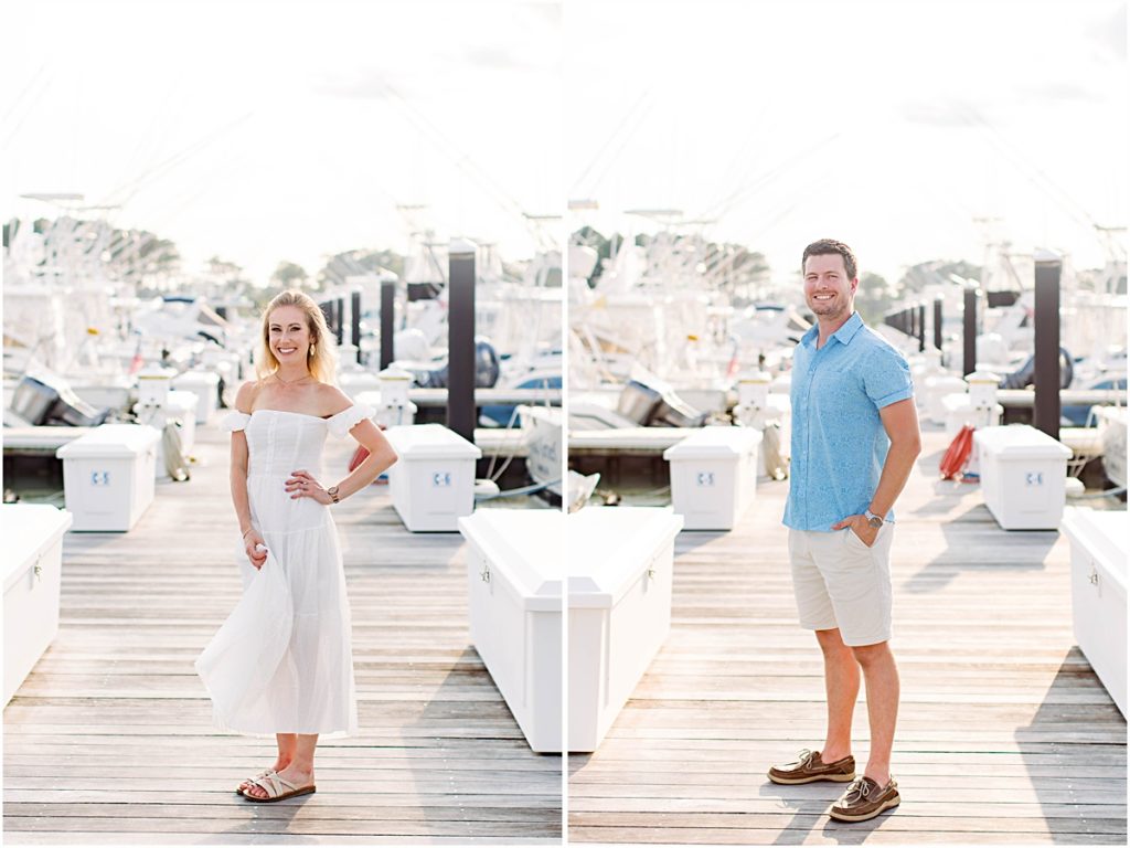 Collage of individual portraits of Don and Val standing on the pier at the marina during their beach engagement.