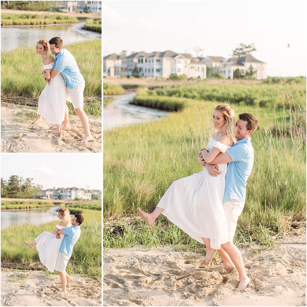 Collage of Don picking Val up from behind and spinning her around during their engagement session at Bethany Beach.