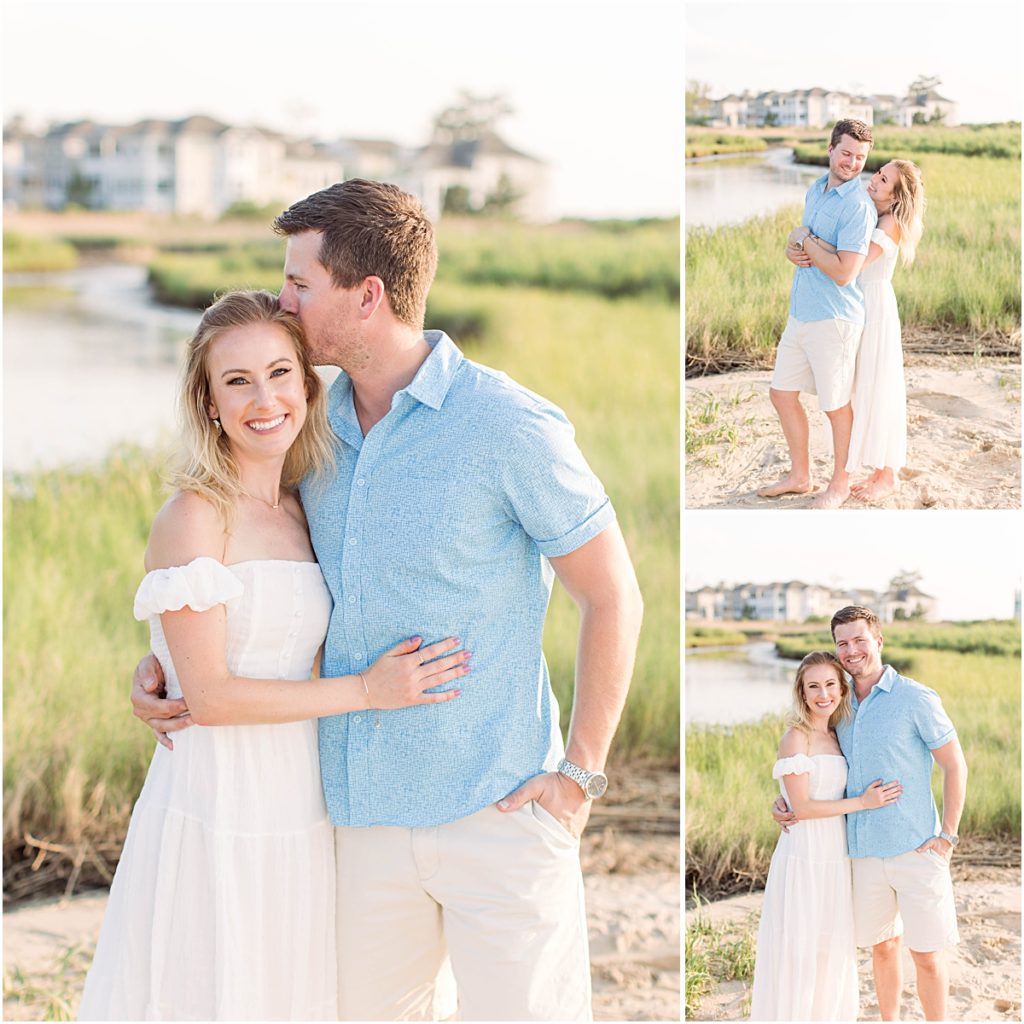 Collage of Don and Val hugging and kissing each other during their engagement session.