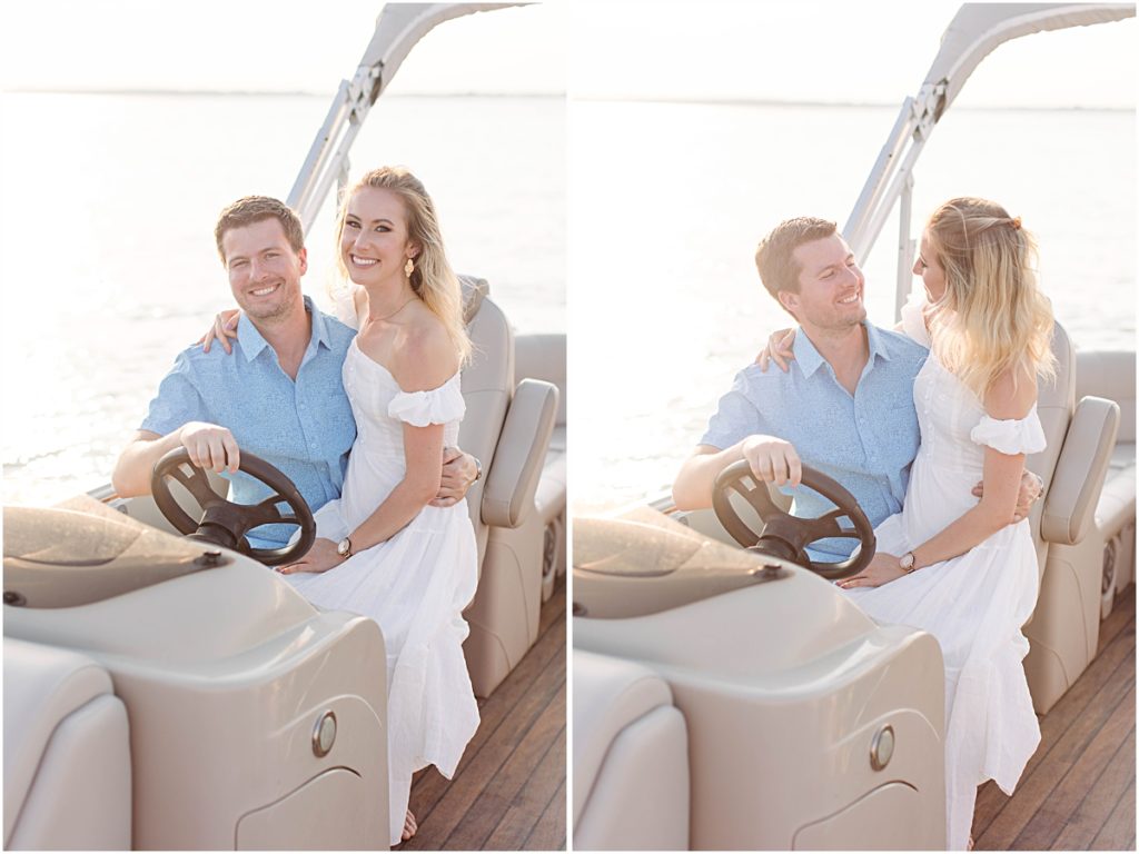 Don and Val sitting in the captain's seat of a boat during their beach engagement session.