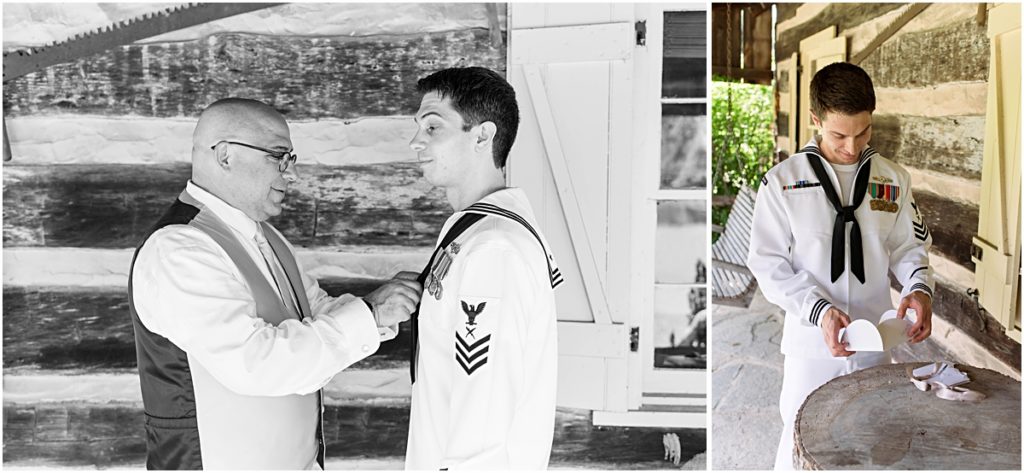 A collage of Ryan's dad/best man helping Ryan get dressed and Ryan opening a gift from his bride
