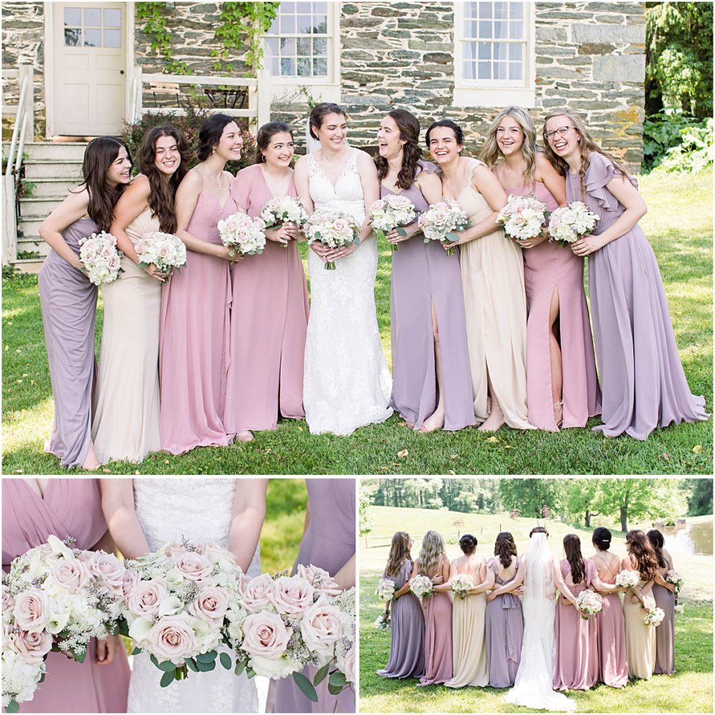 The bridesmaids and bride all laughing together with their bouquets. 
