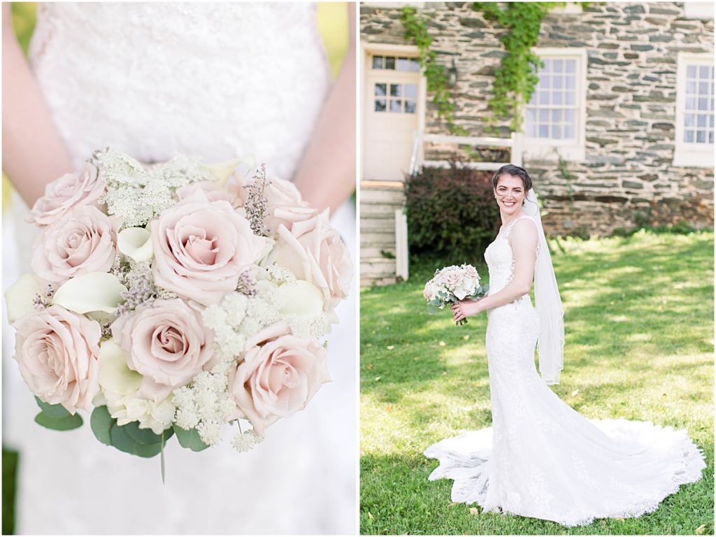 Gabby with her bouquet posing on the grass. Wedding photography in Maryland done by Ashley.