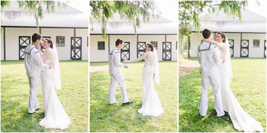 Collage of the bride and groom kissing and laughing together on the grass.