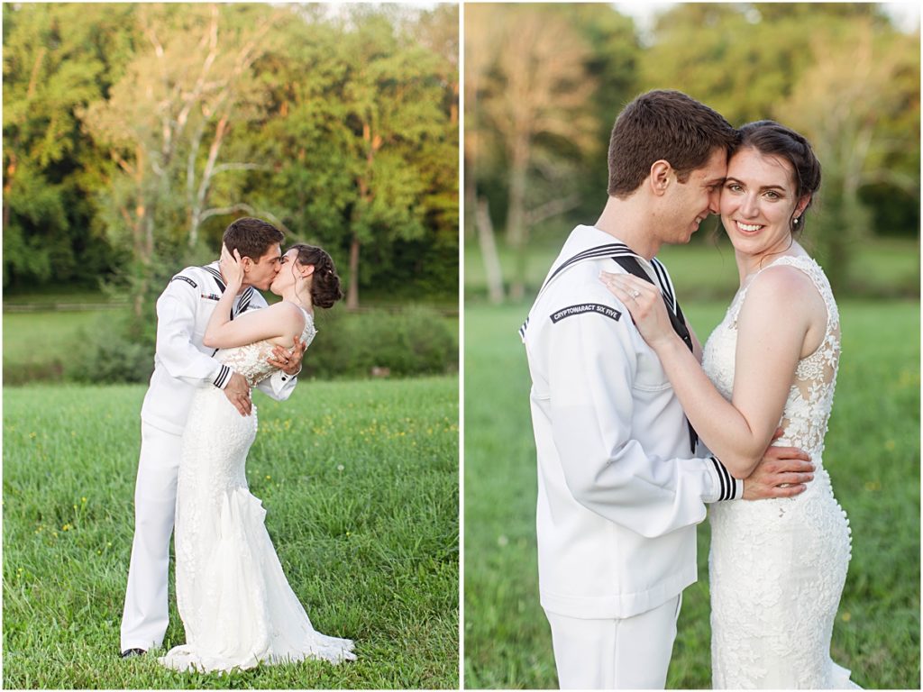Posed photos of the bride and groom kissing and nuzzling. 
