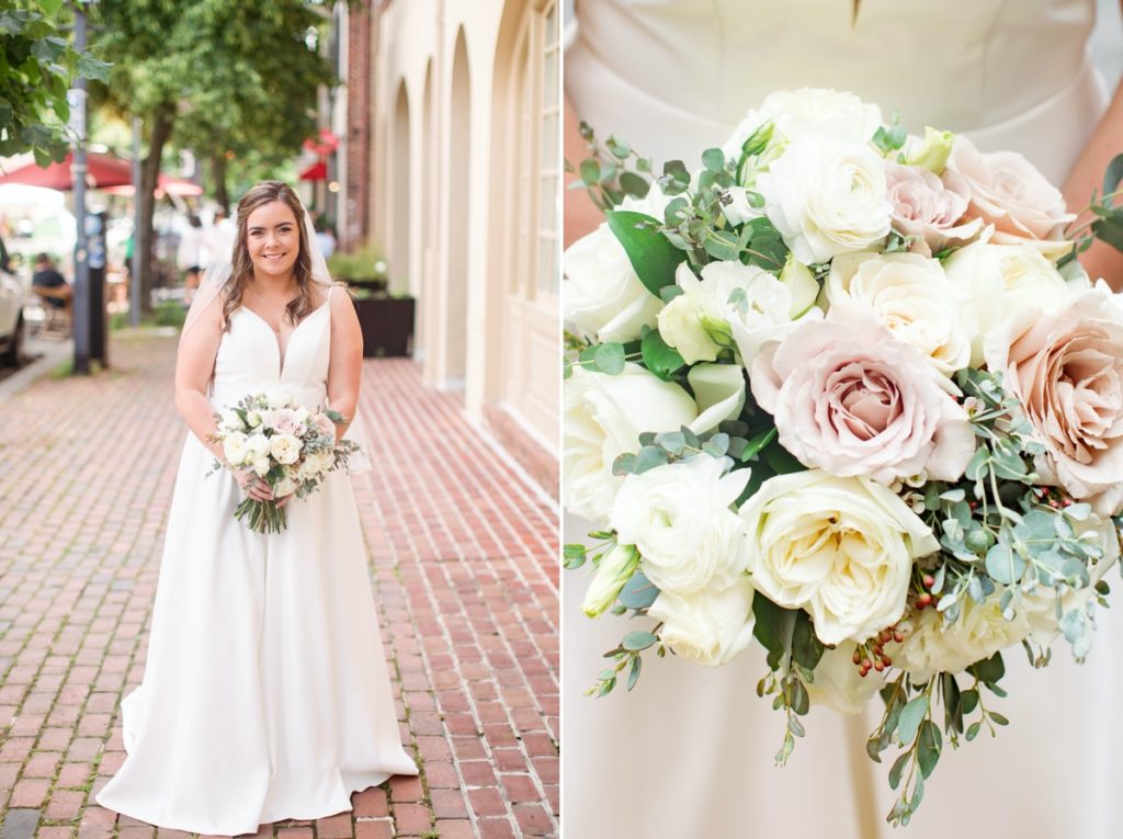 Collage of Jessica posing on the sidewalk with her bouquet and then a close up of the bridal bouquet. 