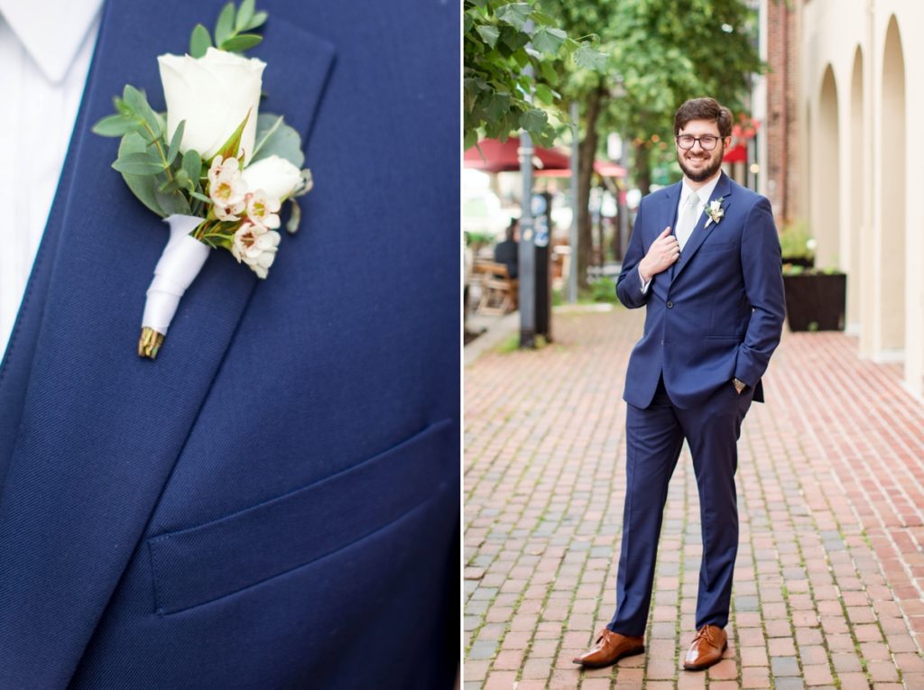 Seamus posing on the sidewalk with his boutonniere, wedding photography done in Alexandria Virginia.