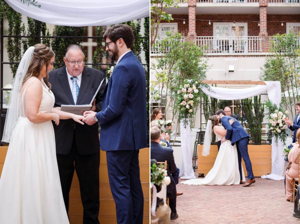 Seamus and Jessica exchanging rings and kissing as husband and wife, wedding photography done in Alexandria Virginia.