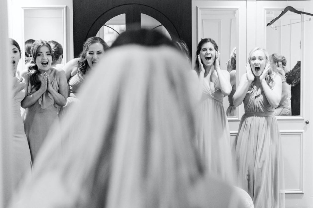 All of the bridesmaids freaking out at Jessica's reveal of herself in her wedding dress.