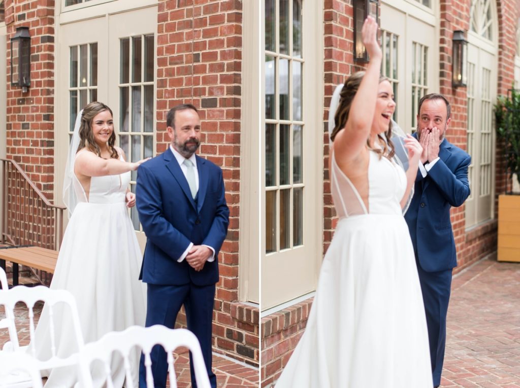The father-daughter first look, Jessica's dad almost in tears seeing his daughter all dressed in white, wedding photography done in Alexandria Virginia
