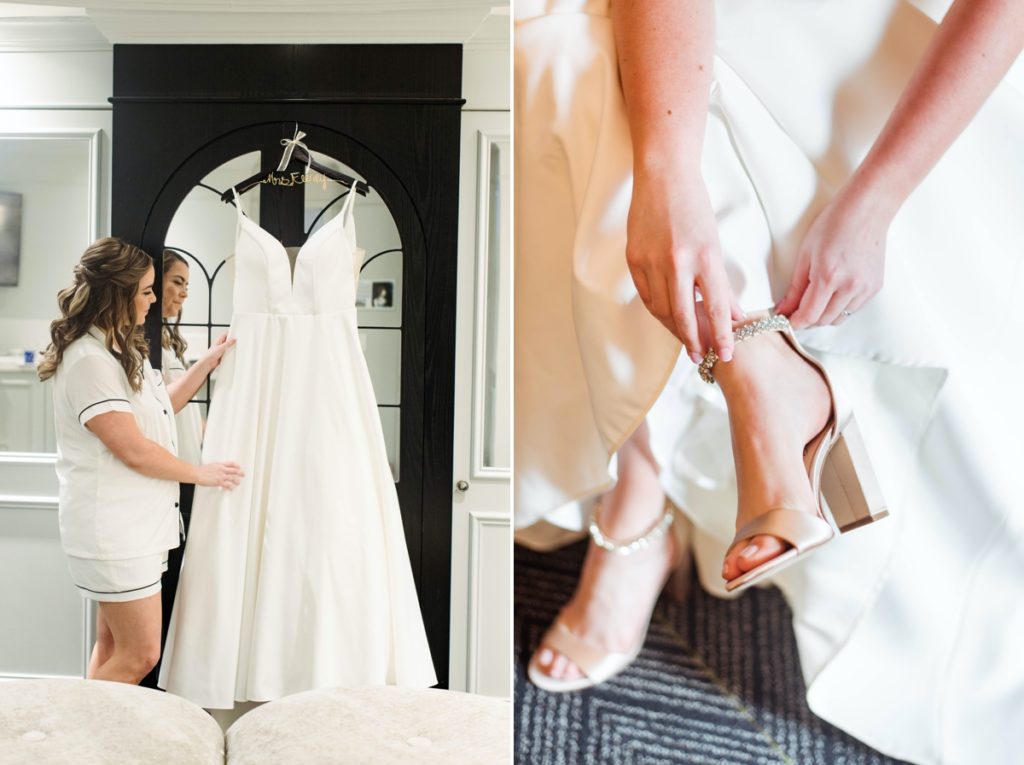 Jessica with her dress and putting on her shoes, wedding photography done in Alexandria Virginia.