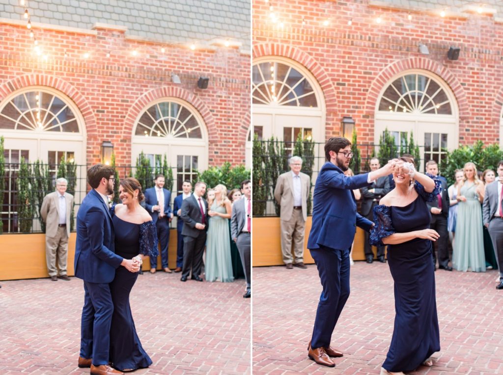 Seamus dancing with his mom and spinning her, wedding photography done in Alexandria Virginia.