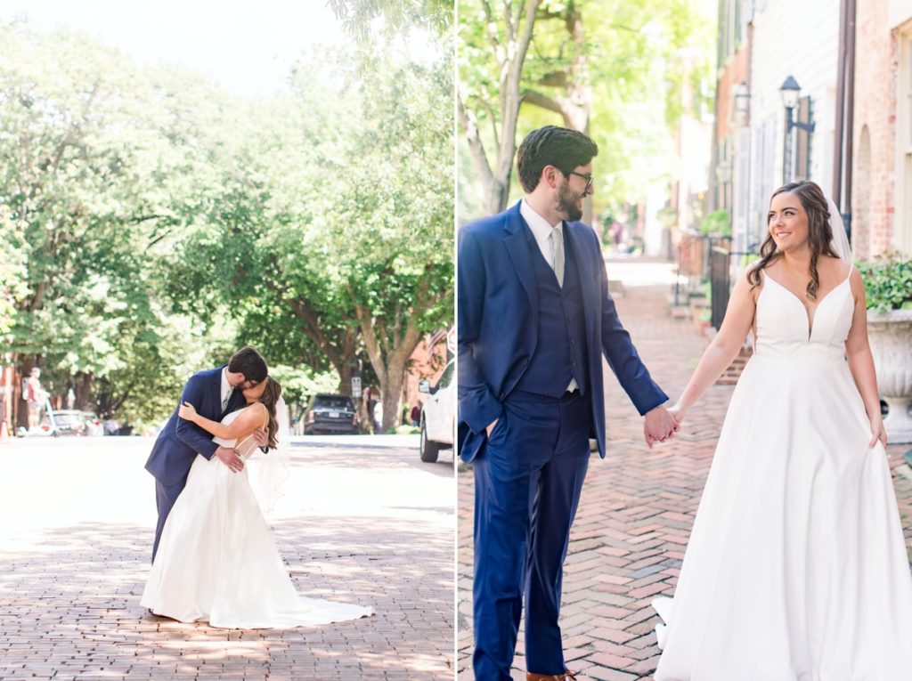 Seamus kissing Jessica on a brick street and then holding her hand while walking, wedding photography done in Alexandria Virginia