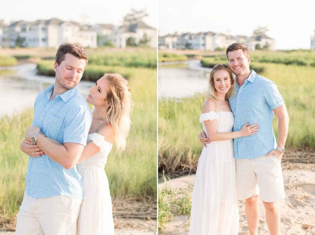 Val holding Don and looking into his eyes on a grassy beach hill during their fun engagement photography session