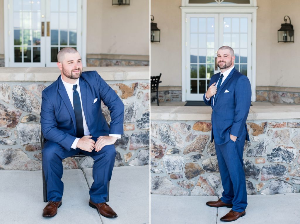 collage of Wesley posing in a navy blue suit for grooms photos on wedding day