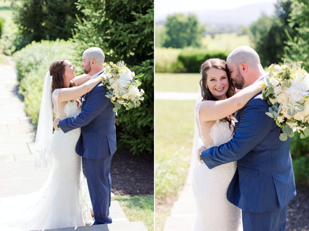 collage of portraits of katie and wesley smiling during their Cotoctin Hall Wedding at the Musket Ridge Golf Club in Maryland 