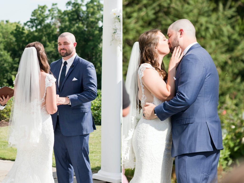 collage of katie and welsey reading their vows to each other and their first kiss as a married couple after their Cotoctin Hall Wedding ceremony at the Musket Ridge Golf Club in Maryland 