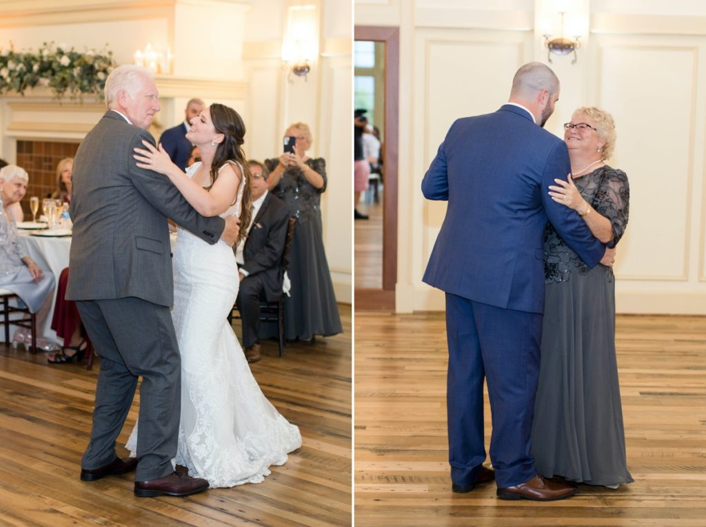 collage of father-daughter dance and mother-son dance during katie and wesley's Cotoctin Hall Wedding reception at the Musket Ridge Golf Club in Maryland 