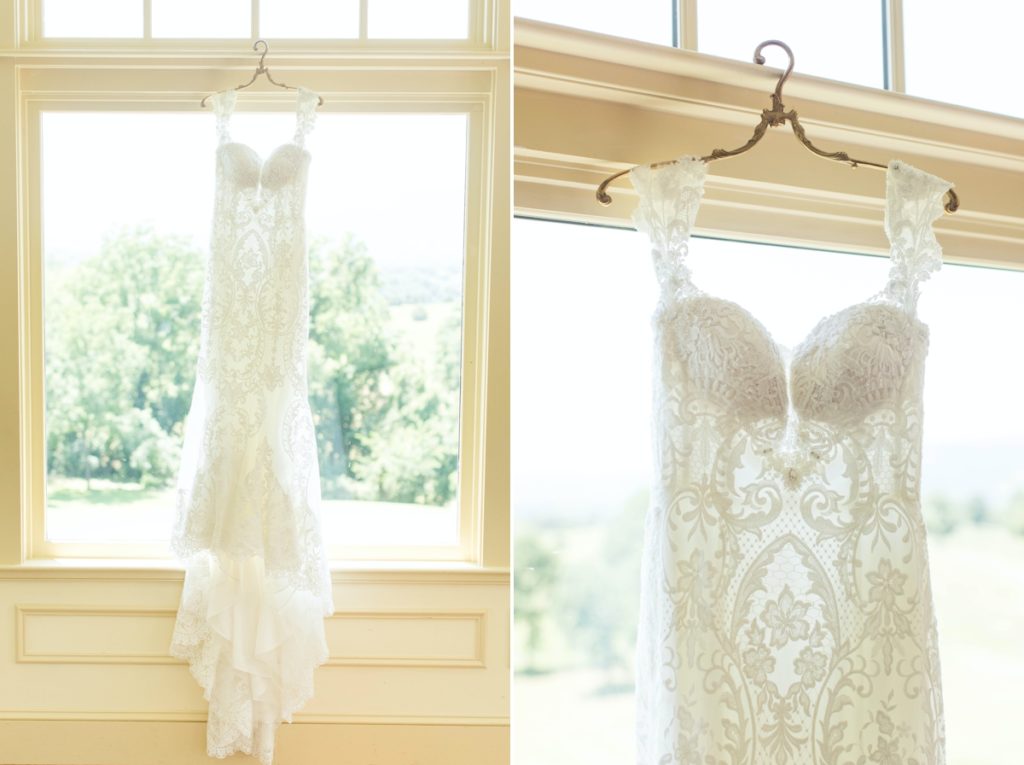 collage of Katie's lace wedding dress with train 