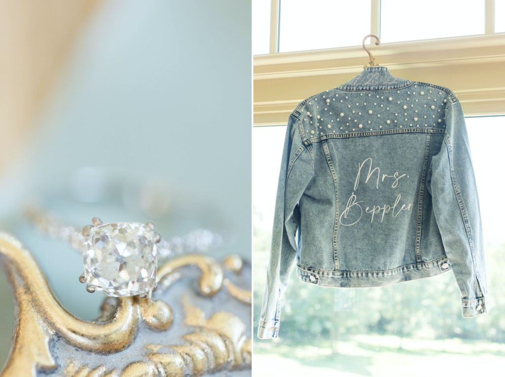 collage of ring and jean jacket with pearls that says "Mrs. Beppler"