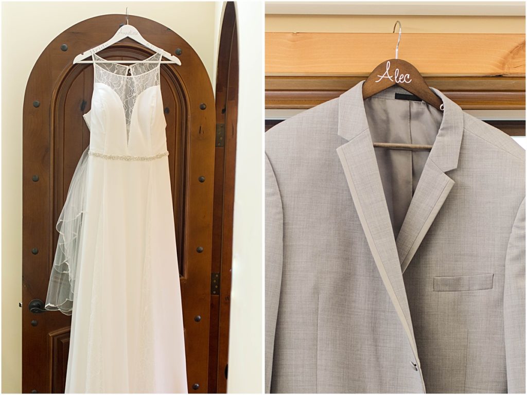 Collage of the bride's wedding dress hanging in a doorway and the groom's suit also hanging in a doorway.