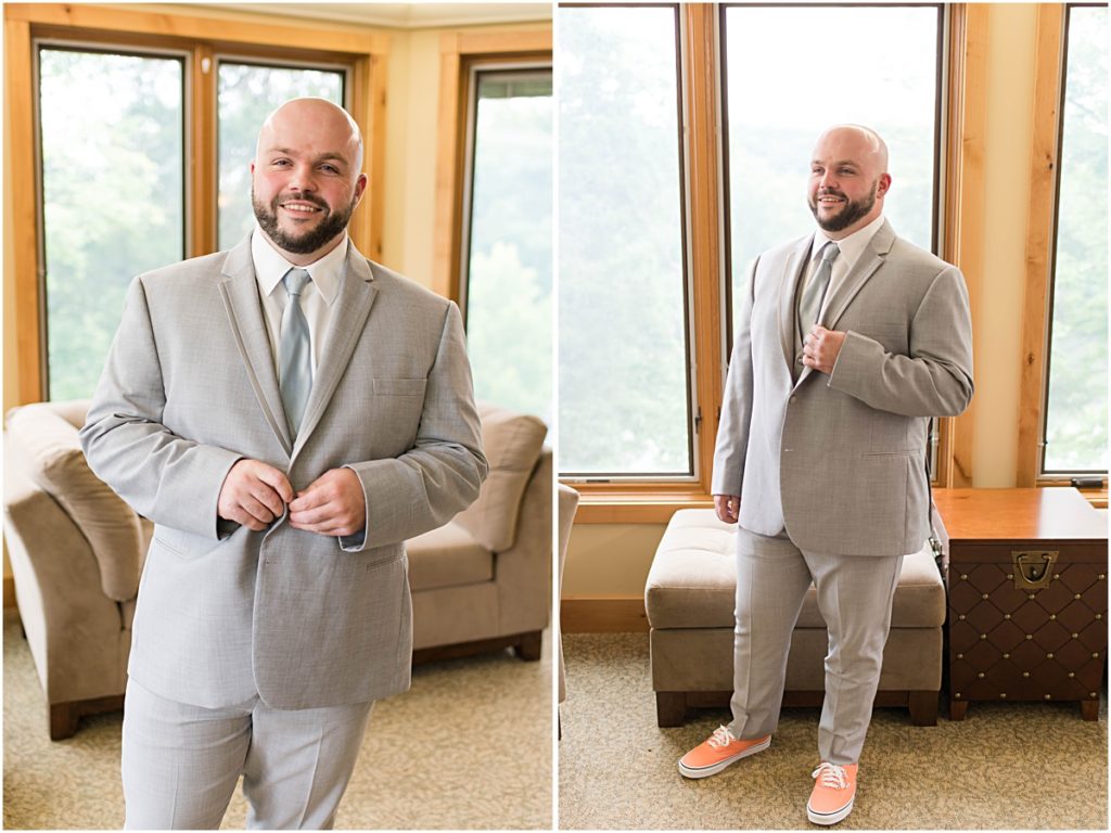 Collage of Alex smiling in his light grey wedding day suit on his wedding day.