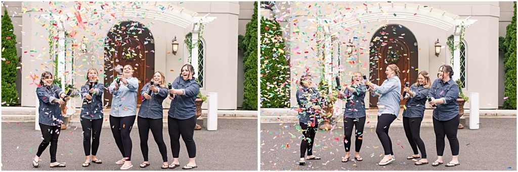 Collage of Anneliese popping confetti poppers on her wedding day at Poor House Farm Park.
