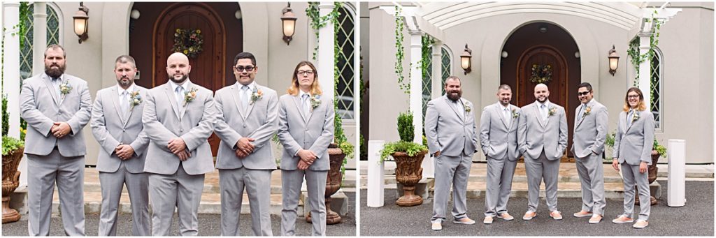Collage of the groom standing with his groomsmen at the front of the house at Poor Farm House Park.