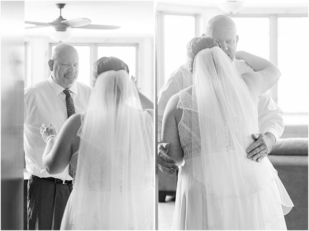 Black and white of Anneliese's dad seeing her for the first time on her wedding day.