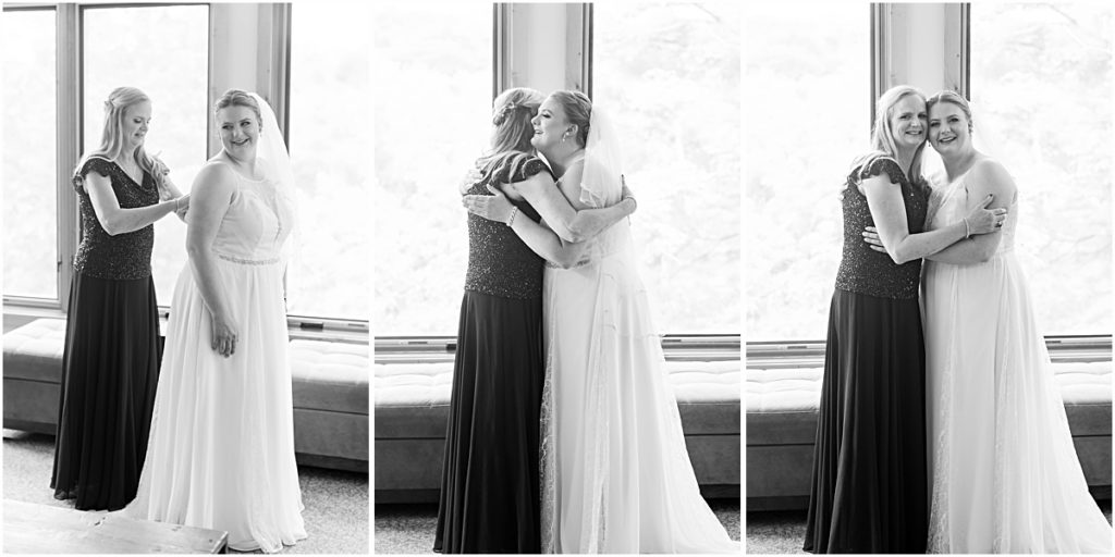 Black and white collage of the bride's mom helping her into her wedding dress.