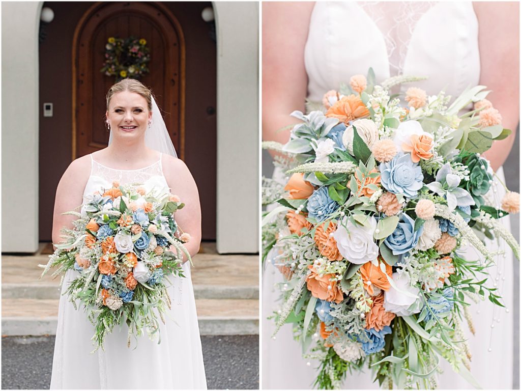 Collage of Anneliese smiling in her wedding dress holding her orange and light blue bouquet and a detail photo of her bouquet.