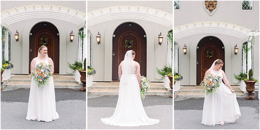 Collage of the bride smiling in her wedding dress and playing with her skirt in front of Poor Farm House Park.