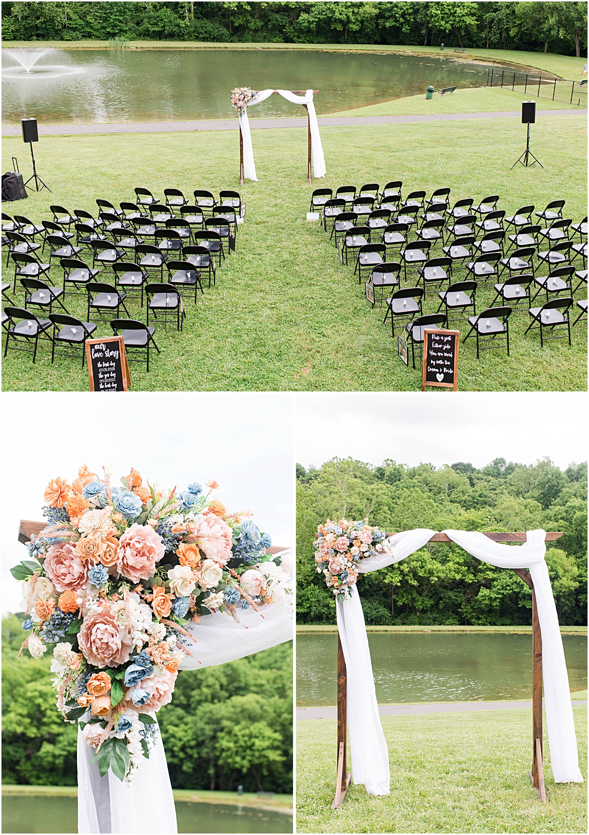 Detail of the wedding ceremony set up in front of the pond at Poor Farm House Park and detail photos of the altar with an array of light pink, blue and orange flowers.