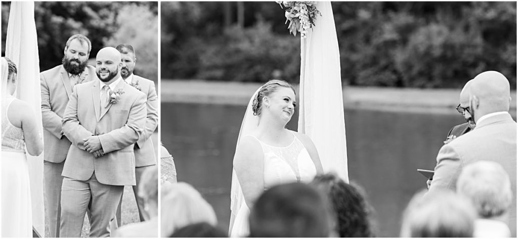 Black and white collage of the bride and groom looking at each other sweetly during their wedding ceremony at Poor Farm House Park.