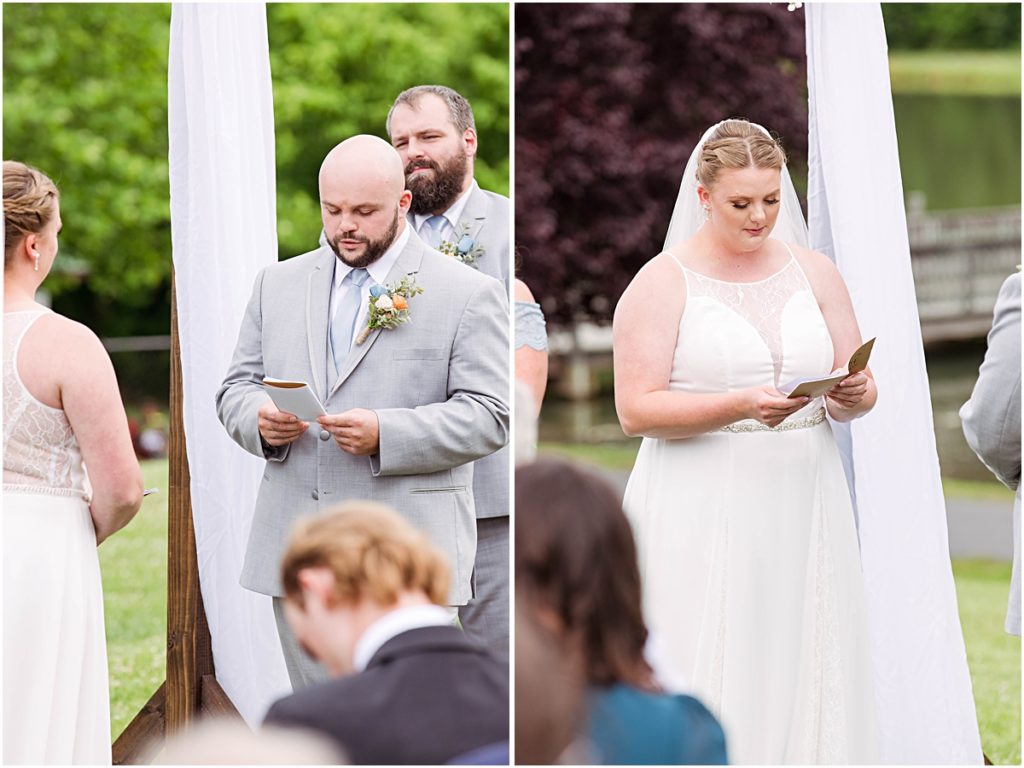 Collage of the bride and groom reading their wedding bows to each other during their ceremony.