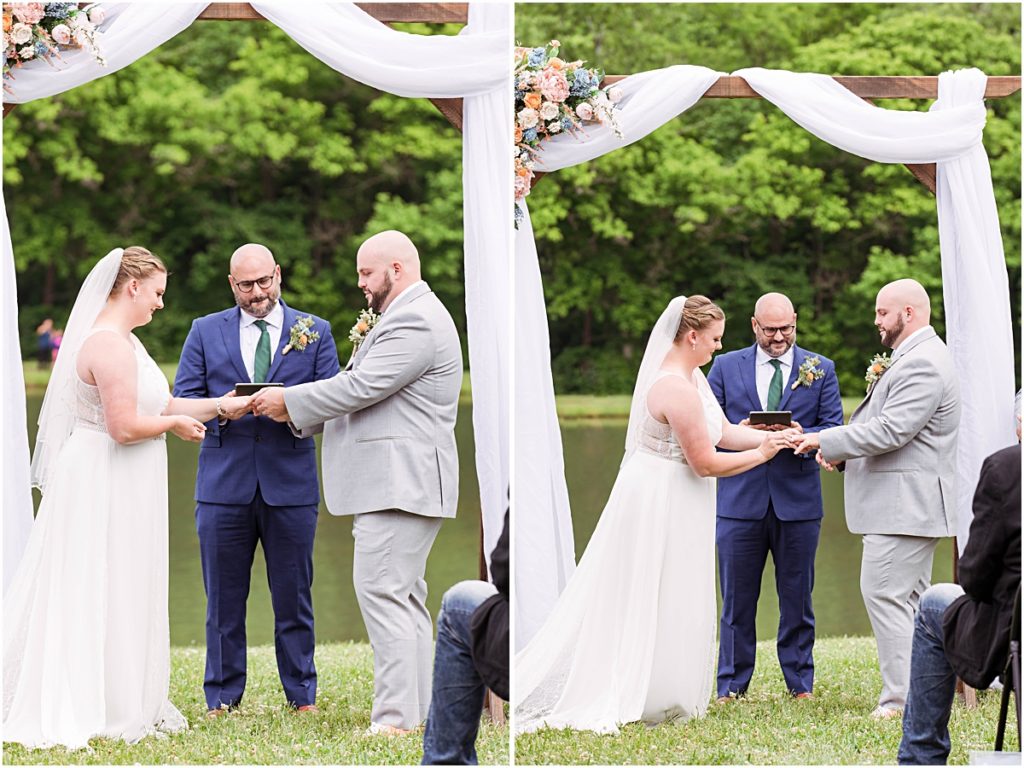 Collage of Anneliese and Alex putting their wedding bands on each other during their wedding ceremony.
