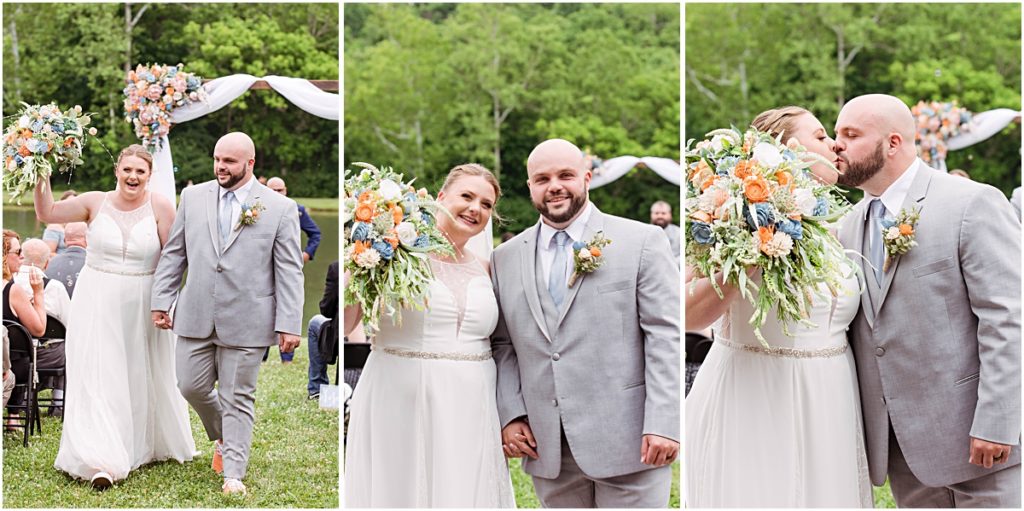 Collage of Anneliese and Alec excitedly walking back up the aisle after being announced husband and wife.