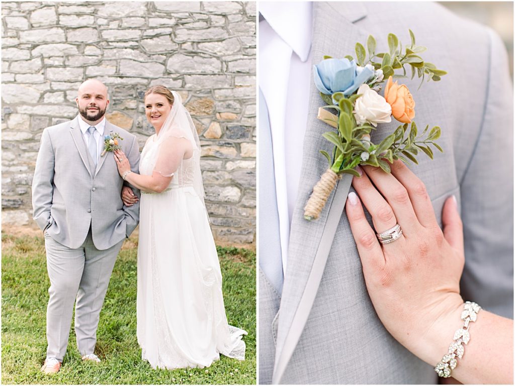 Collage of Anneliese smiling with her hand on Alec's chest and a detail photo of the groom's boutonnière.