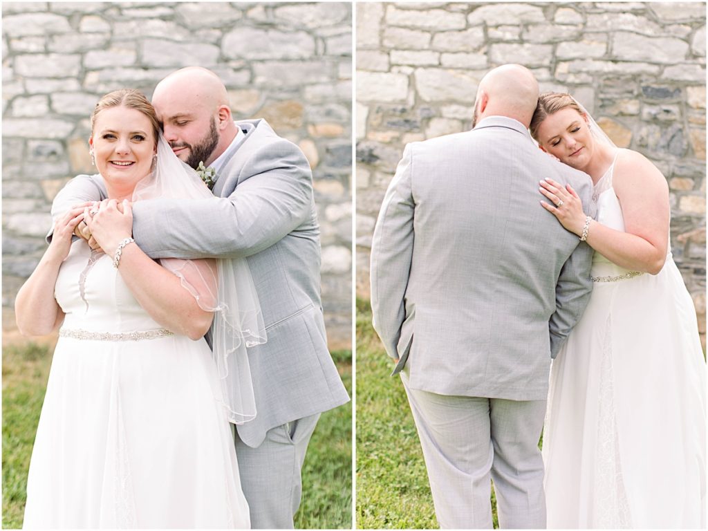 Collage of the groom hugging the bride from behind and the bride resting her head on her groom's shoulder on their wedding day at Poor Farm House Park.