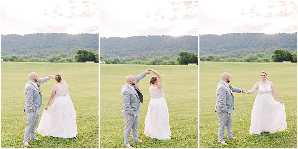 Collage of the bride and groom dancing together in a field on their wedding day.