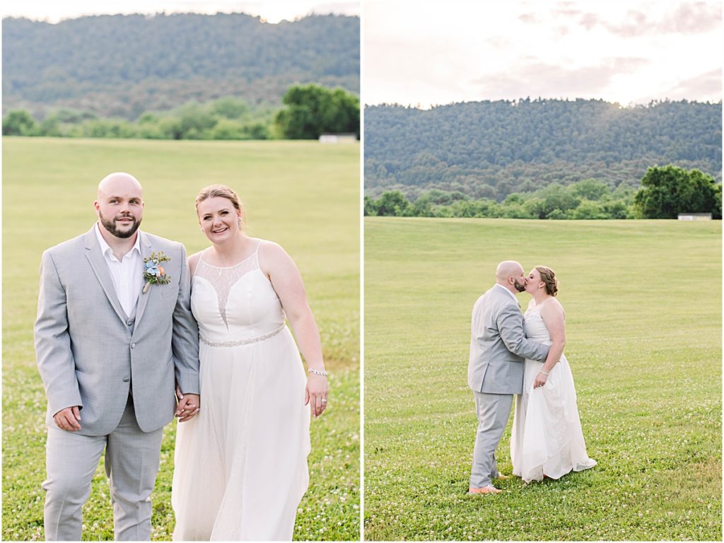 Collage of the bride and groom walking through a field and them kissing on their wedding day at Poor Farm House Park.