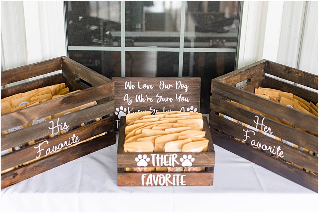 Detail photo of dog treats as wedding day favors.