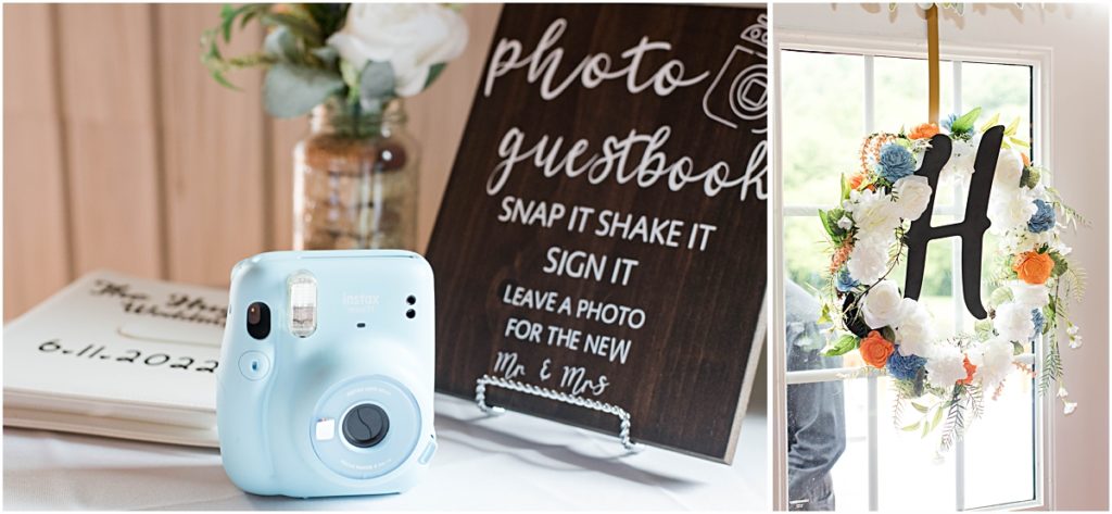 Collage of a snapshot camera on the guestbook table and a detail photo of a monogram wreath.